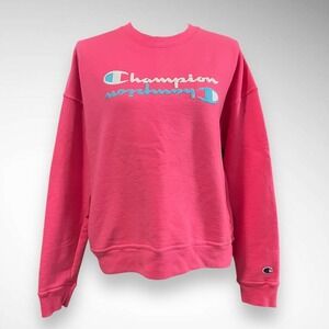 CHAMPION Women's Pink with Blue and White Logo Crewneck Sweatshirt Medium | EUC